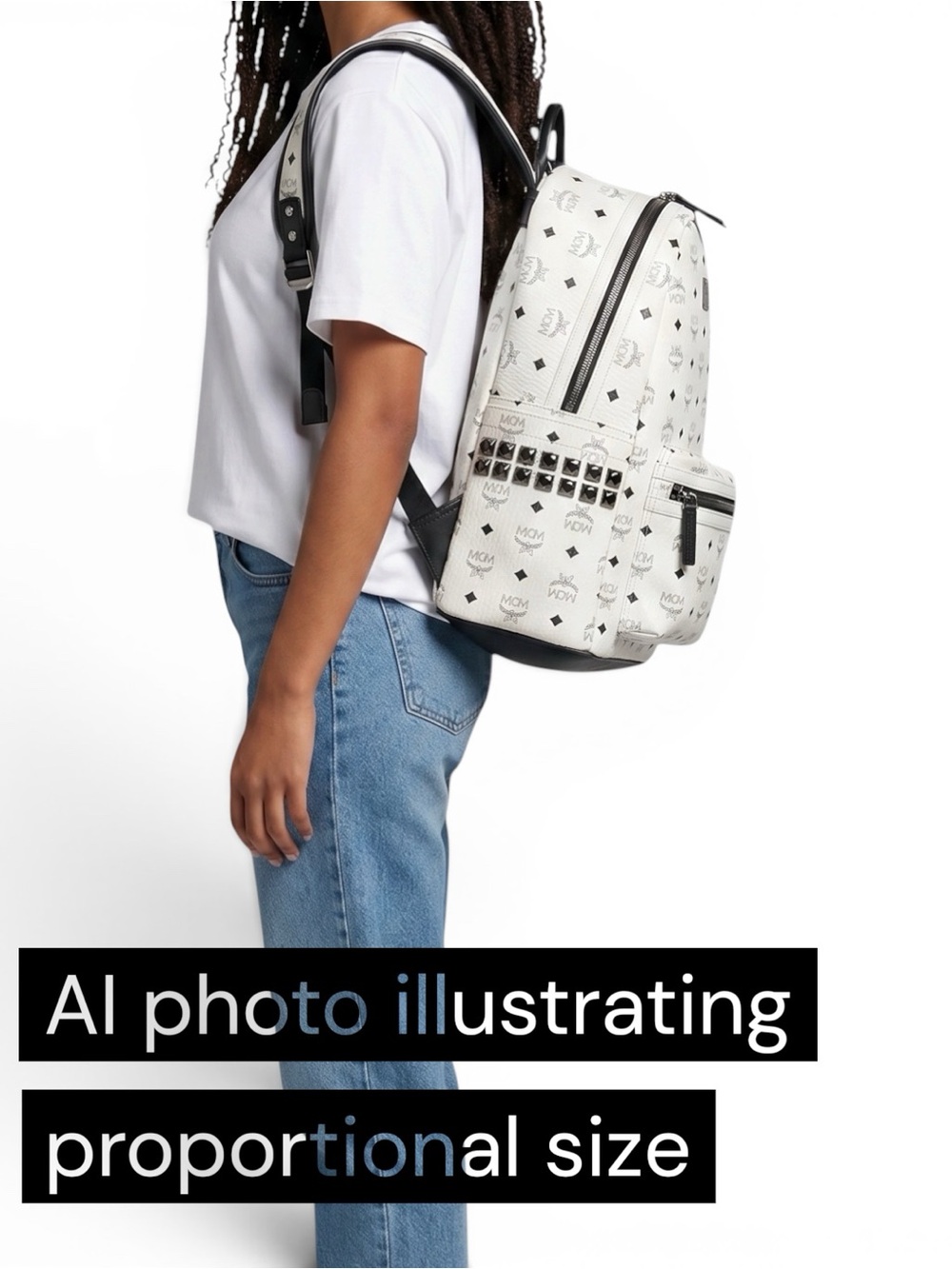 Authentic MCM Stark Backpack White Blue Visetos Size Medium Side Studs Unisex - Picture 3 of 14